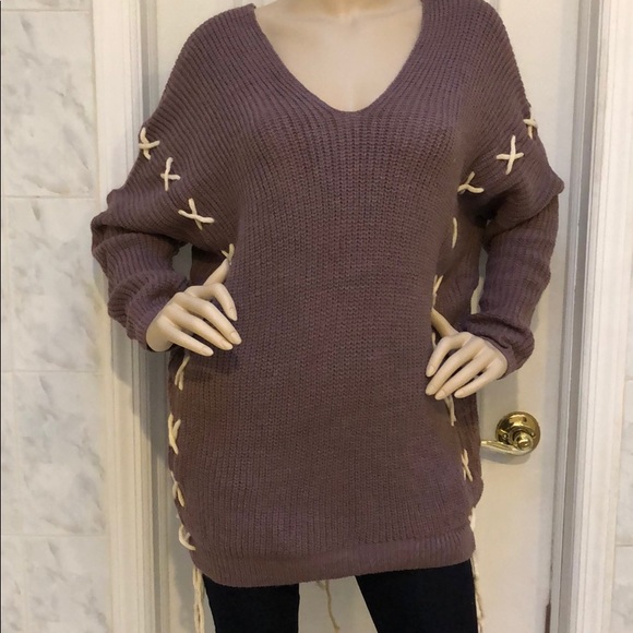 GIRLY & FLIRTY LACE UP MAUVE TUNIC SWEATER - Picture 7 of 8